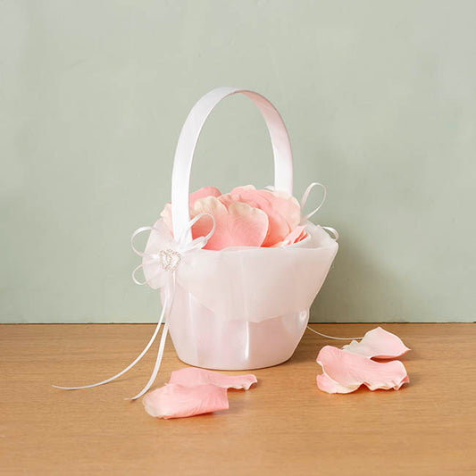 Flower Girl Basket w Heart Diamante White (12.5cmDx22cmH)