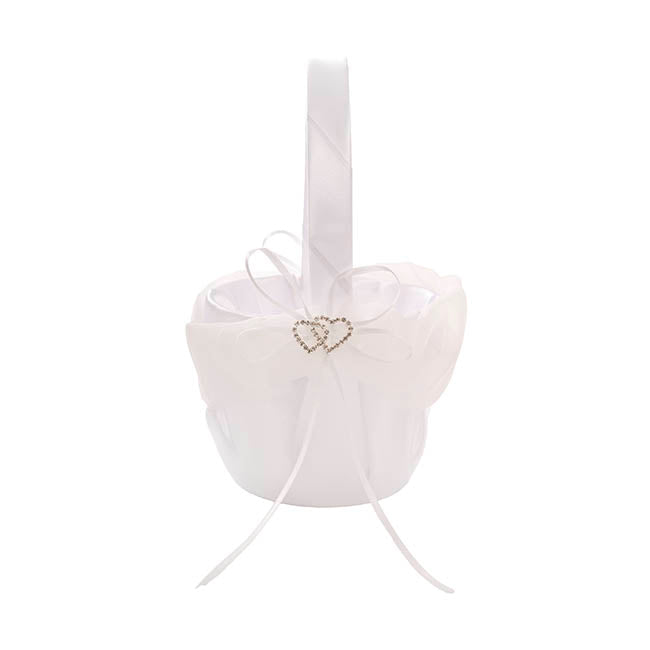 Flower Girl Basket w Heart Diamante White (12.5cmDx22cmH)