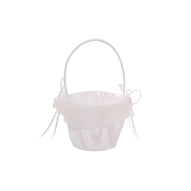 Flower Girl Basket w Heart Diamante White (12.5cmDx22cmH)