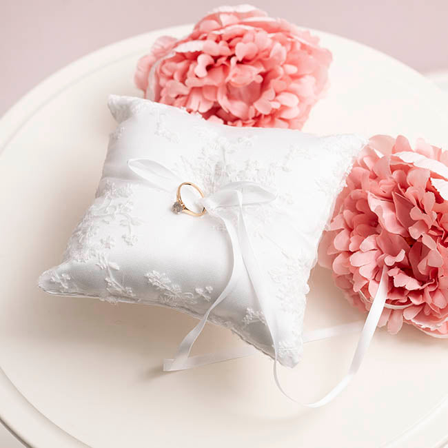 Wedding Ring Pillow w Lace White (15x15cmH)