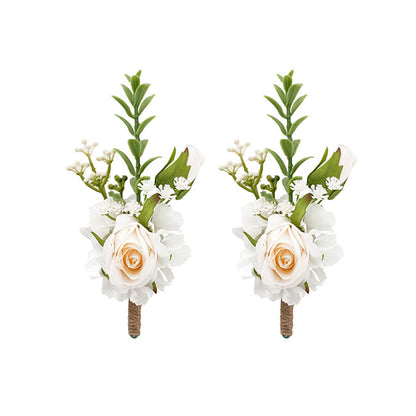 Rose & Baby's Breath Boutonniere Pack2 Cream & Beige (13cmH)