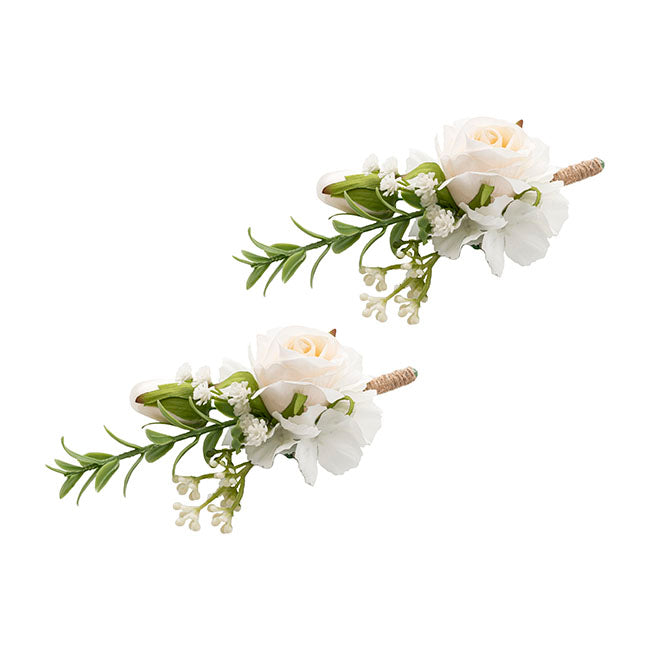 Rose & Baby's Breath Boutonniere Pack2 Cream & Beige (13cmH)