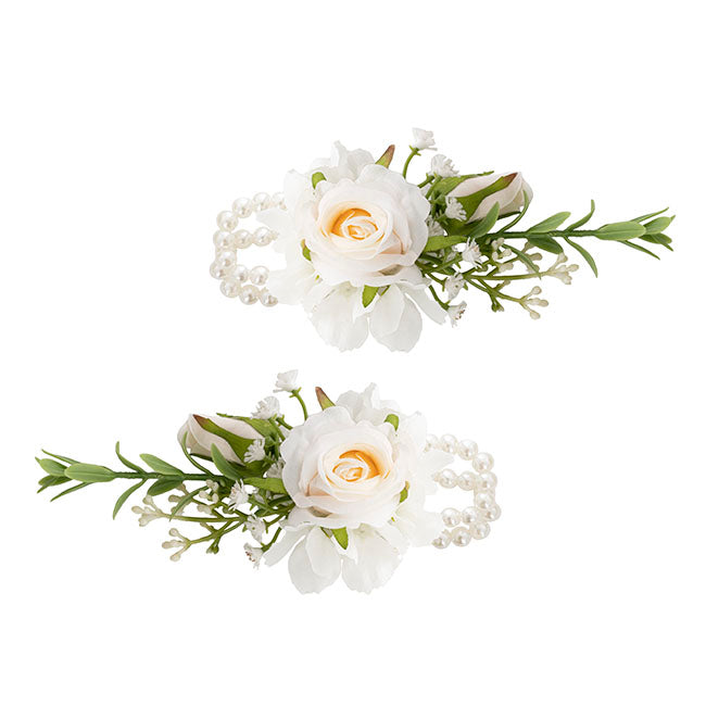 Rose & Baby's Breath Corsage Bracelet Pack 2 Beige (12cmH)