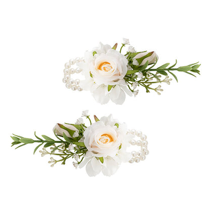 Rose & Baby's Breath Corsage Bracelet Pack 2 Beige (12cmH)