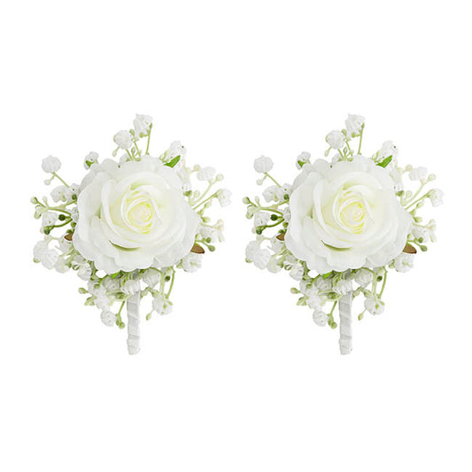 Rose & Baby's Breath Boutonniere Pack 2 White (13cmH)