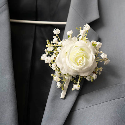 Rose & Baby's Breath Boutonniere Pack 2 White (13cmH)