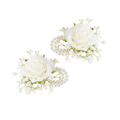 Rose & Baby's Breath Corsage Bracelet Pack 2 White (12cmH)