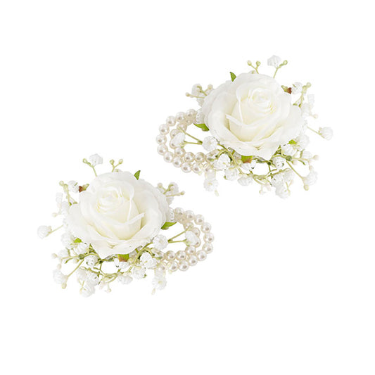 Rose & Baby's Breath Corsage Bracelet Pack 2 White (12cmH)