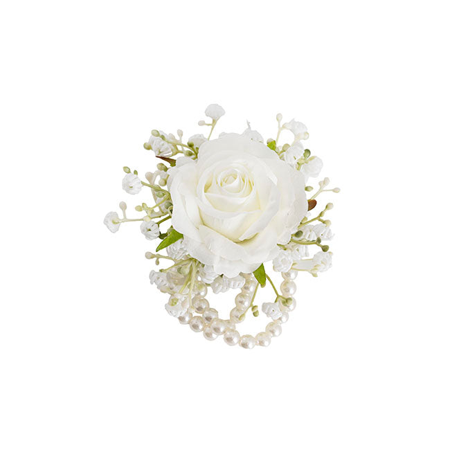 Rose & Baby's Breath Corsage Bracelet Pack 2 White (12cmH)