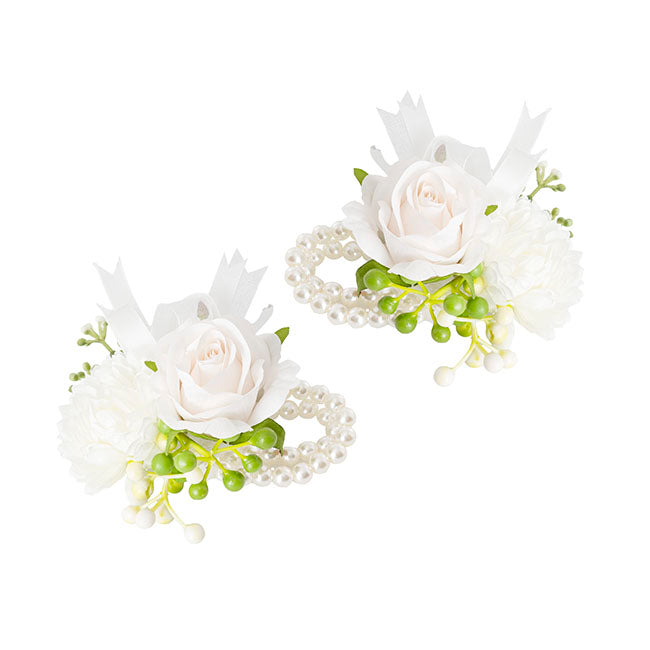 Mixed Flower Pearl Corsage Bracelet Pack 2 White (12cmH)