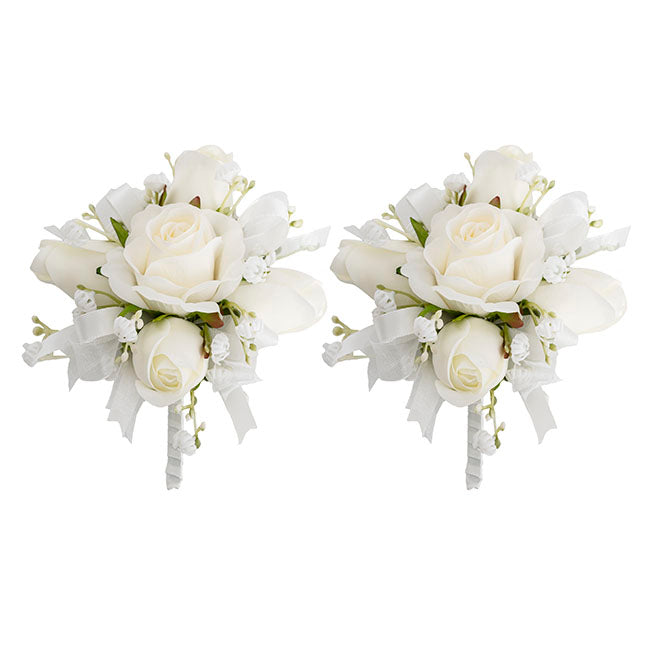 Rose & Ribbon Boutonniere Pack 2 White (13cmH)