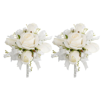 Rose & Ribbon Boutonniere Pack 2 White (13cmH)