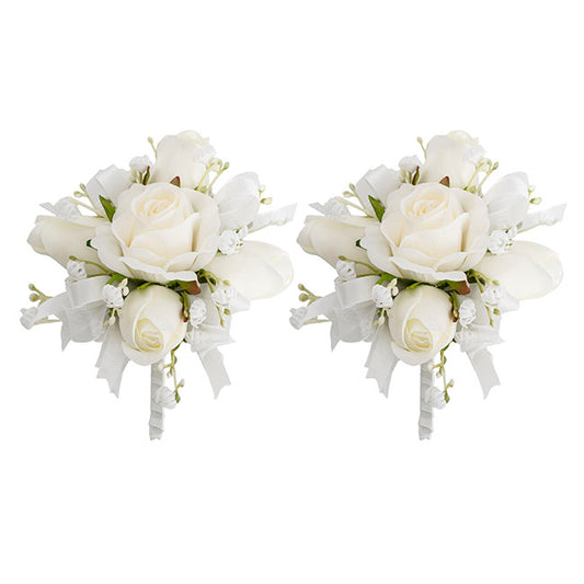 Rose & Ribbon Boutonniere Pack 2 White (13cmH)