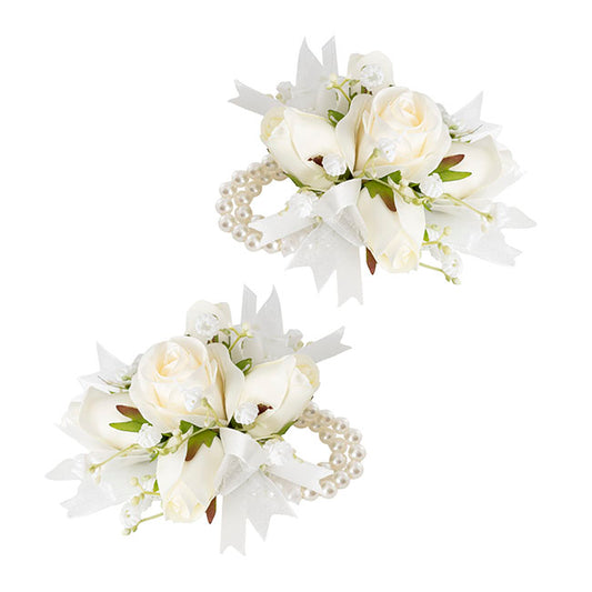 Rose & Ribbon Pearl Corsage Bracelet Pack 2 White (12cmH)