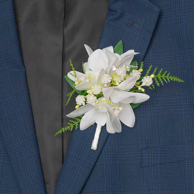 Real Touch Orchid Corsage Boutonniere in Box White (13cmH)