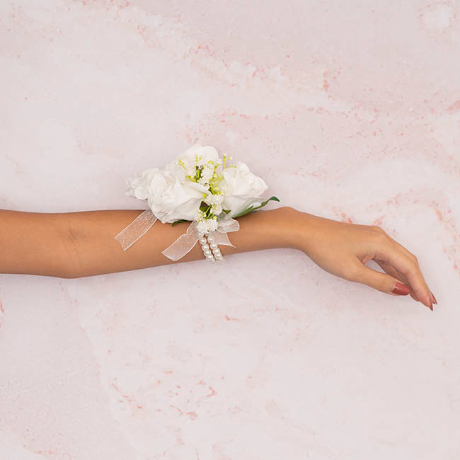Real Touch Rose Corsage Bracelet in Box White (12cmH)