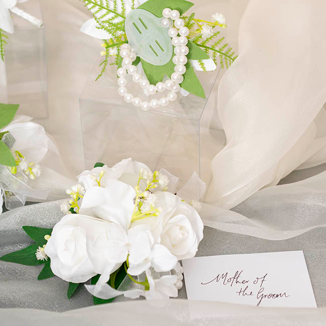 Real Touch Rose Corsage Bracelet in Box White (12cmH)