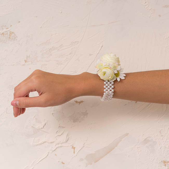 Corsage Wrist Bracelet Pearl Bead x 5 Strand Pack 2 White