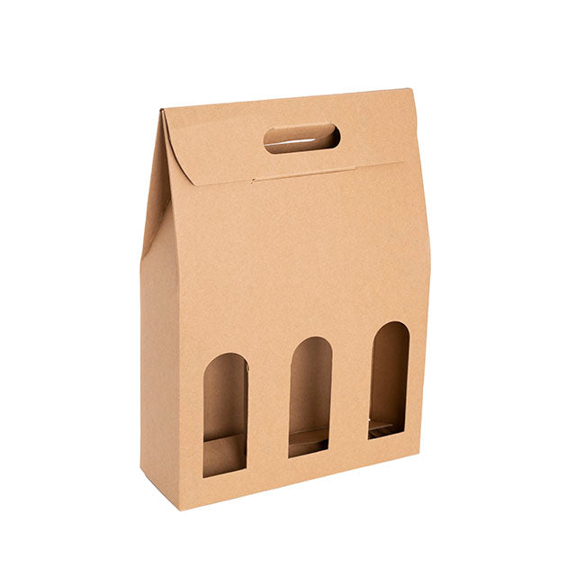 Wine Box Handle & Window 3 Bottles Kraft (26.5x9x39.5cmH)