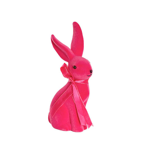 Sitting Long Ear Bunny Rabbit w Bow Flocked Hot Pink (19cmH)