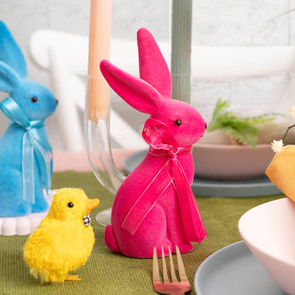 Sitting Long Ear Bunny Rabbit w Bow Flocked Hot Pink (19cmH)