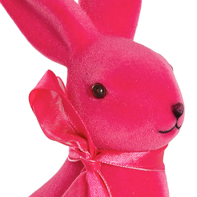 Sitting Long Ear Bunny Rabbit w Bow Flocked Hot Pink (19cmH)