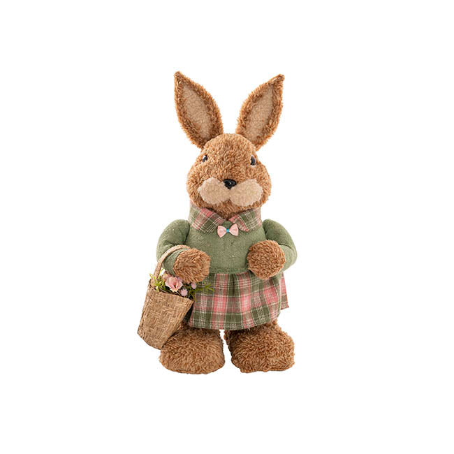 Country Female Bunny w Flower Basket Green (38cmH)