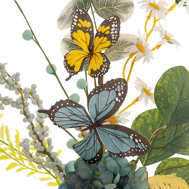 Butterfly Hydrangea Fern Spray Blue & Yellow (55cmH)
