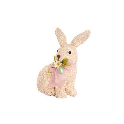 Sitting Straw Bunny w Pink Bow Beige (19x14x26cm)