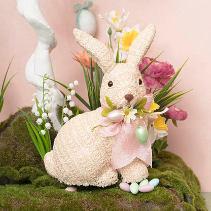 Sitting Straw Bunny w Pink Bow Beige (19x14x26cm)