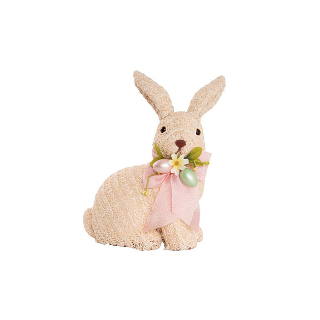 Sitting Straw Bunny w Pink Bow Beige (19x14x26cm)