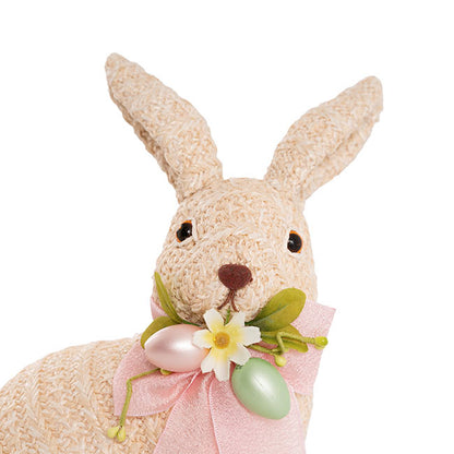 Sitting Straw Bunny w Pink Bow Beige (19x14x26cm)