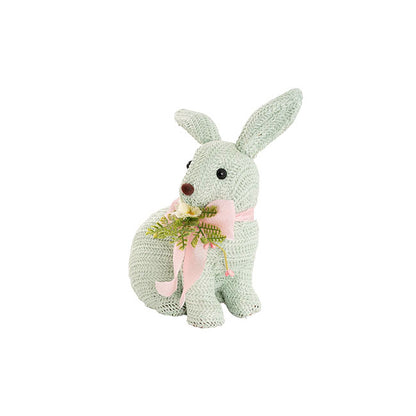 Sitting Straw Bunny w Pink Bow Soft Blue (19x13x26cm)