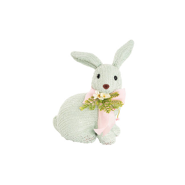 Sitting Straw Bunny w Pink Bow Soft Blue (19x13x26cm)