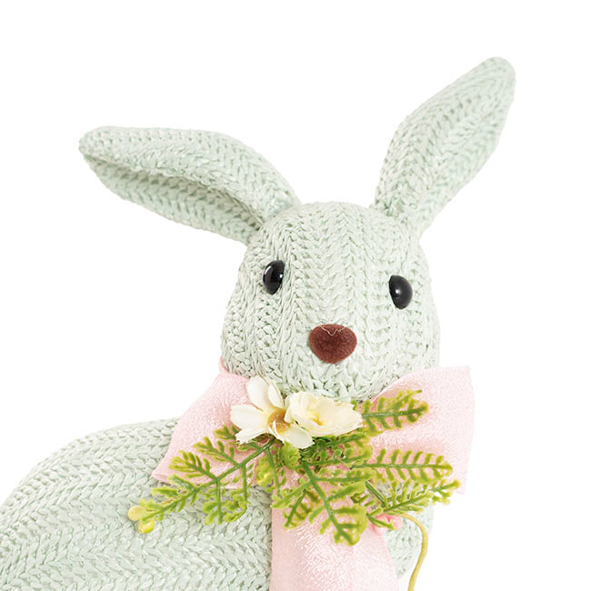 Sitting Straw Bunny w Pink Bow Soft Blue (19x13x26cm)