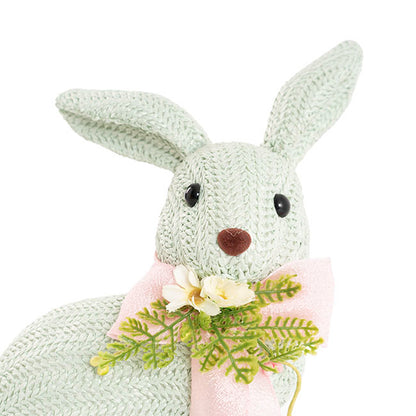 Sitting Straw Bunny w Pink Bow Soft Blue (19x13x26cm)