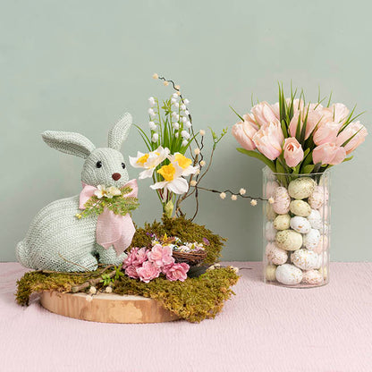 Sitting Straw Bunny w Pink Bow Soft Blue (19x13x26cm)