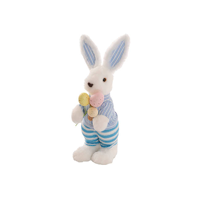 Standing Male Bunny w Egg Bouquet Blue & White (30cmH)