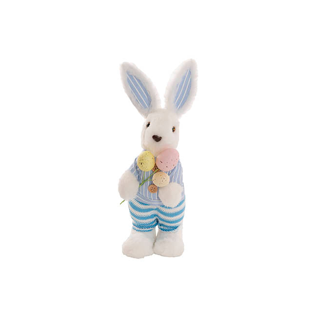 Standing Male Bunny w Egg Bouquet Blue & White (30cmH)