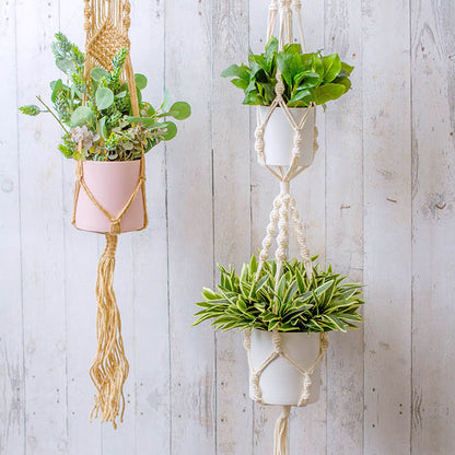 Macrame Hanging Double Pot Holder Twist Natural (140cm)