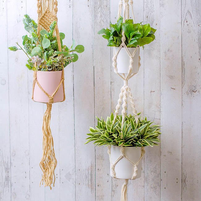 Macrame Hanging Double Pot Holder Twist White (140cm)