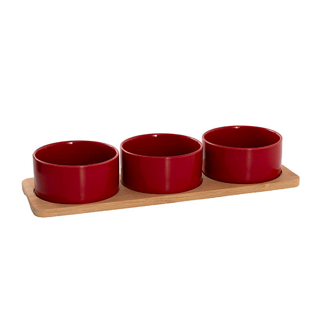 Round 3 Bowl Wooden Board Tapas Set Red (36x12x6cm)