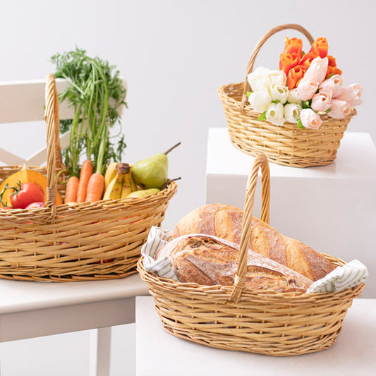 Willow Basket with Handle Oval Set of 3 Natural(33x28x13cmH)