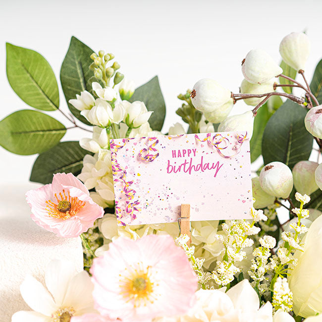 Cards White Birthday Streamers Pink (10x6.5cmH) Pk 50