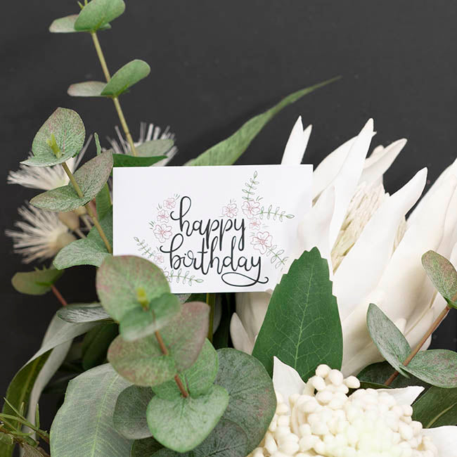 Cards White Happy Birthday Drawn Flowers (10x6.5cmH) Pack 50