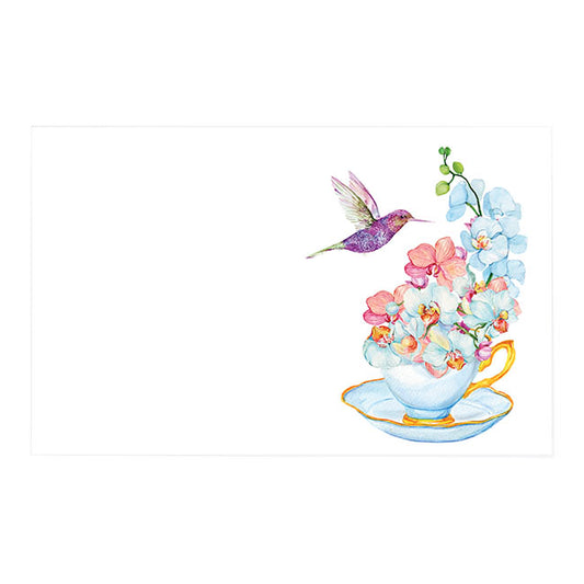 Cards White Hummingbird & TeaCup Flowers (10x6.5cmH) Pack 50