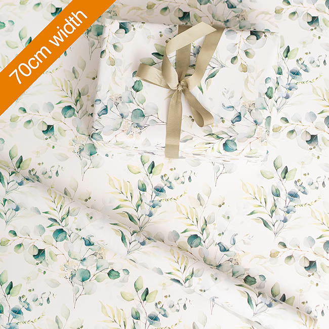 Wrapping Paper Roll Eucalyptus Print Gloss White (70cmx25m)