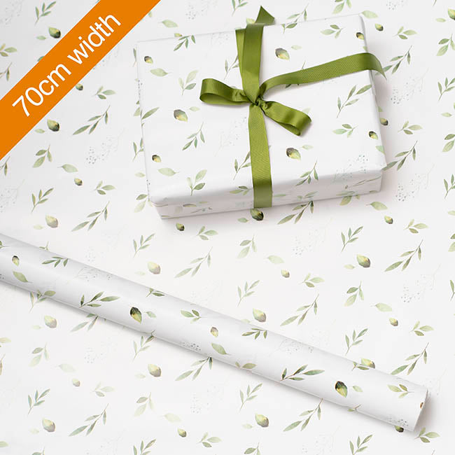 Wrapping Paper Roll Leaf Sprays Print Gloss White (70cmx25m)