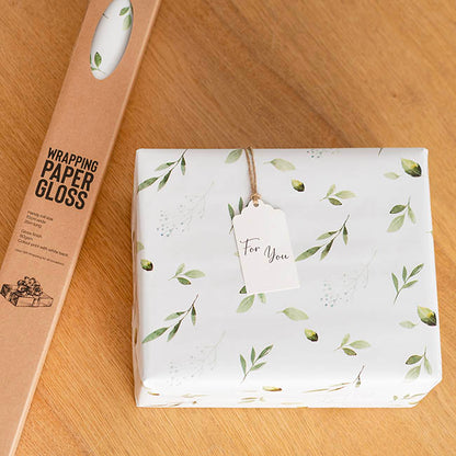 Wrapping Paper Roll Leaf Sprays Print Gloss White (70cmx25m)
