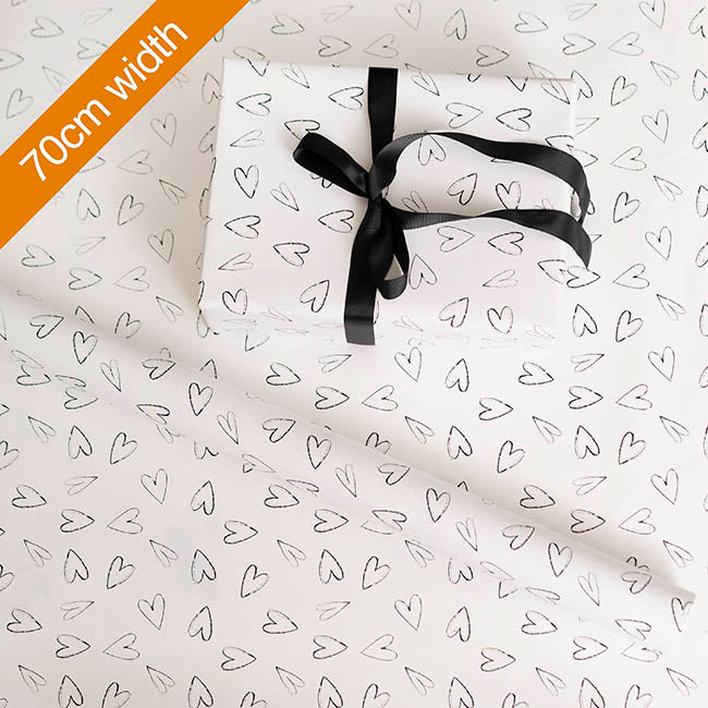 Wrapping Paper Roll Hearts Print Gloss White (70cmx25m)
